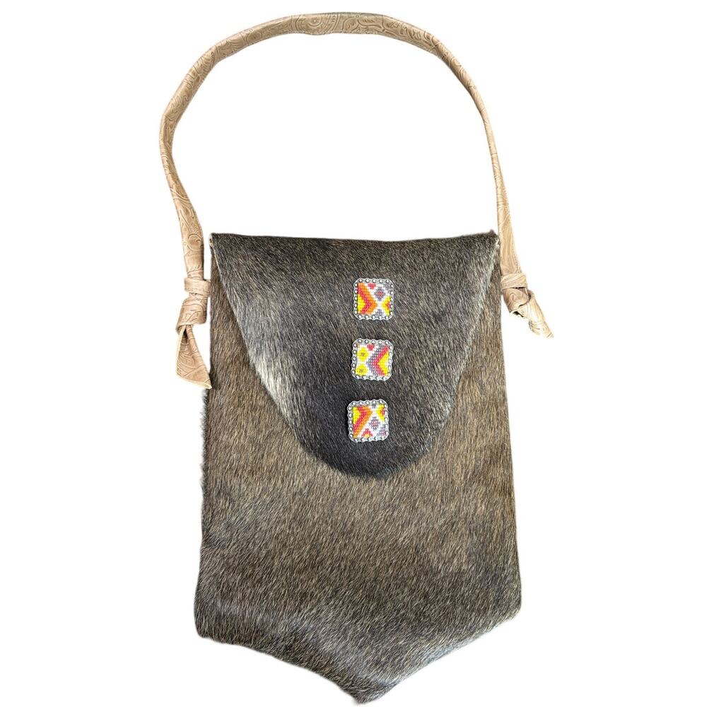Cowhide Shoulder Bag Hair On Tooled Leather Bead Detail Native Southwest Cowgirl